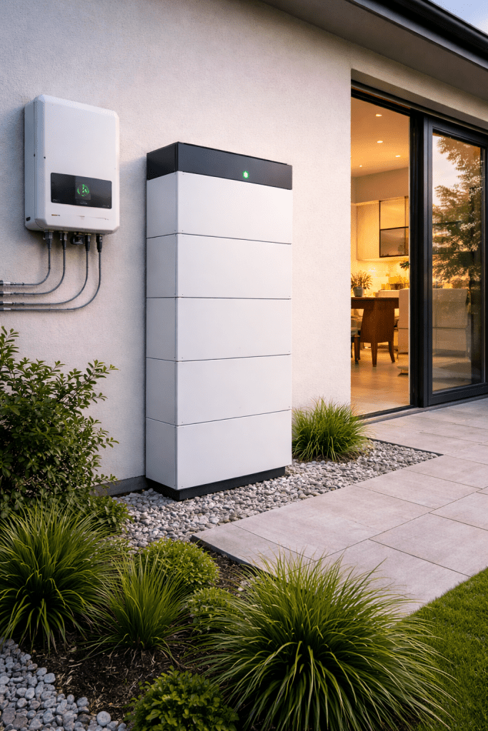 Home battery energy storage system installed outside a residential property
