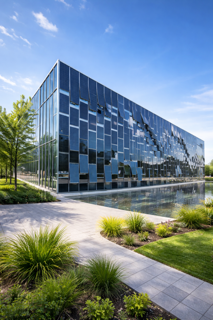 Building Integrated Photovoltaics solar facade on a modern commercial building
